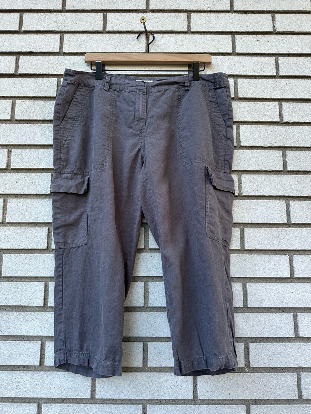 Eileen Fisher Petite 14P Gray Organic Linen Cropped Cargo Utility Pants Pockets
